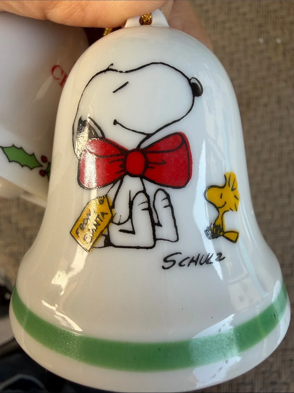 Vintage Peanuts Snoopy & Woodstock Ceramic Christmas Bell Ornament.1975-1976.